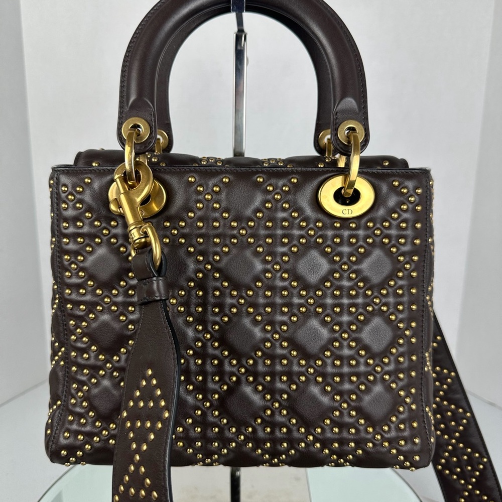 Pymt-3-LADY DIOR LEATHER TOTE BAG ORIGINAL STRAP DRK BRN GHW MED - Picture 3 of 14
